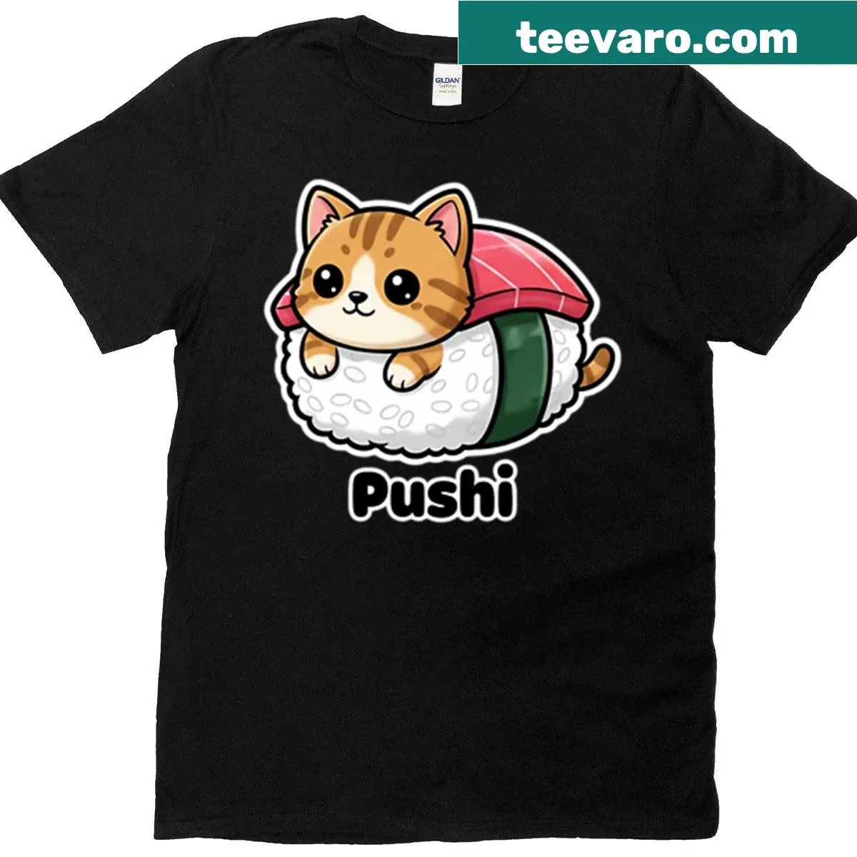 Kawaii cat sushi t-shirt featuring a cute cat with sushi rolls — on a men's t-shirt