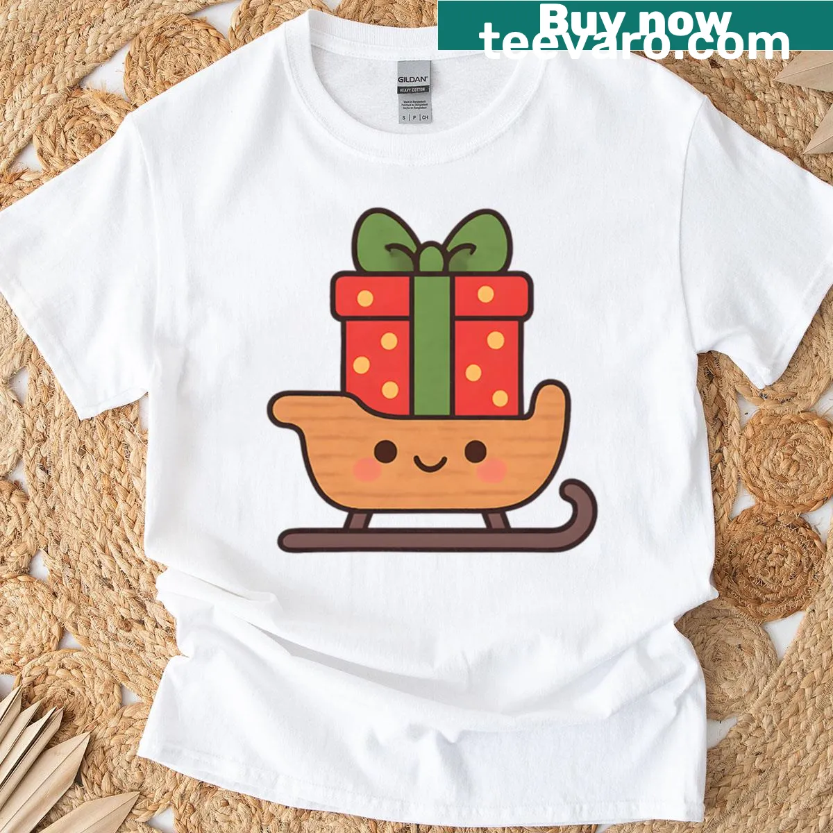 T-shirt featuring a cute sleigh filled with gifts illustration. — on a men's t-shirt