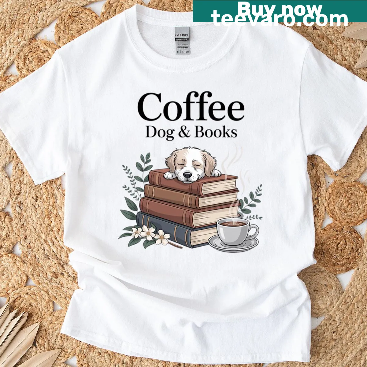 Cartoon graphic of a dog with coffee cups and books — on a men's t-shirt