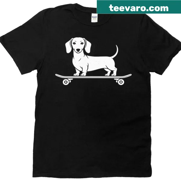Illustration of a dachshund on a skateboard on a T-shirt