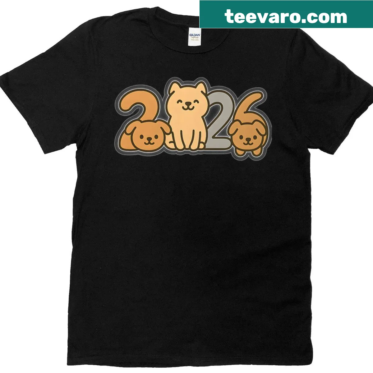 Illustration of a dog and cat celebrating the New Year for 2026 — on a men's t-shirt