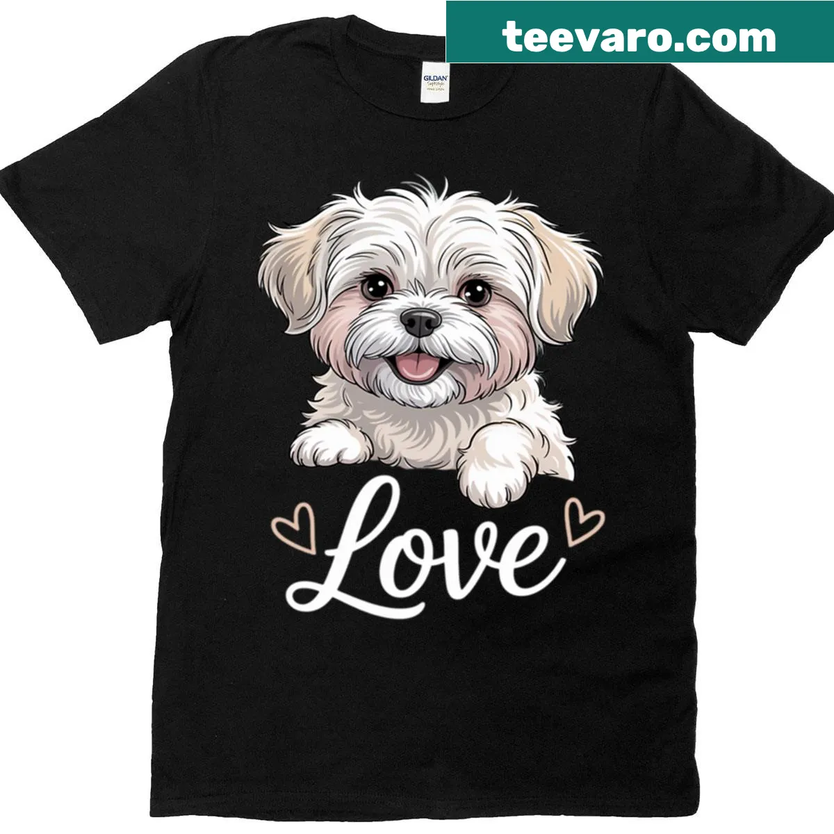 Illustration of a Maltese puppy surrounded by hearts on a t-shirt — on a men's t-shirt