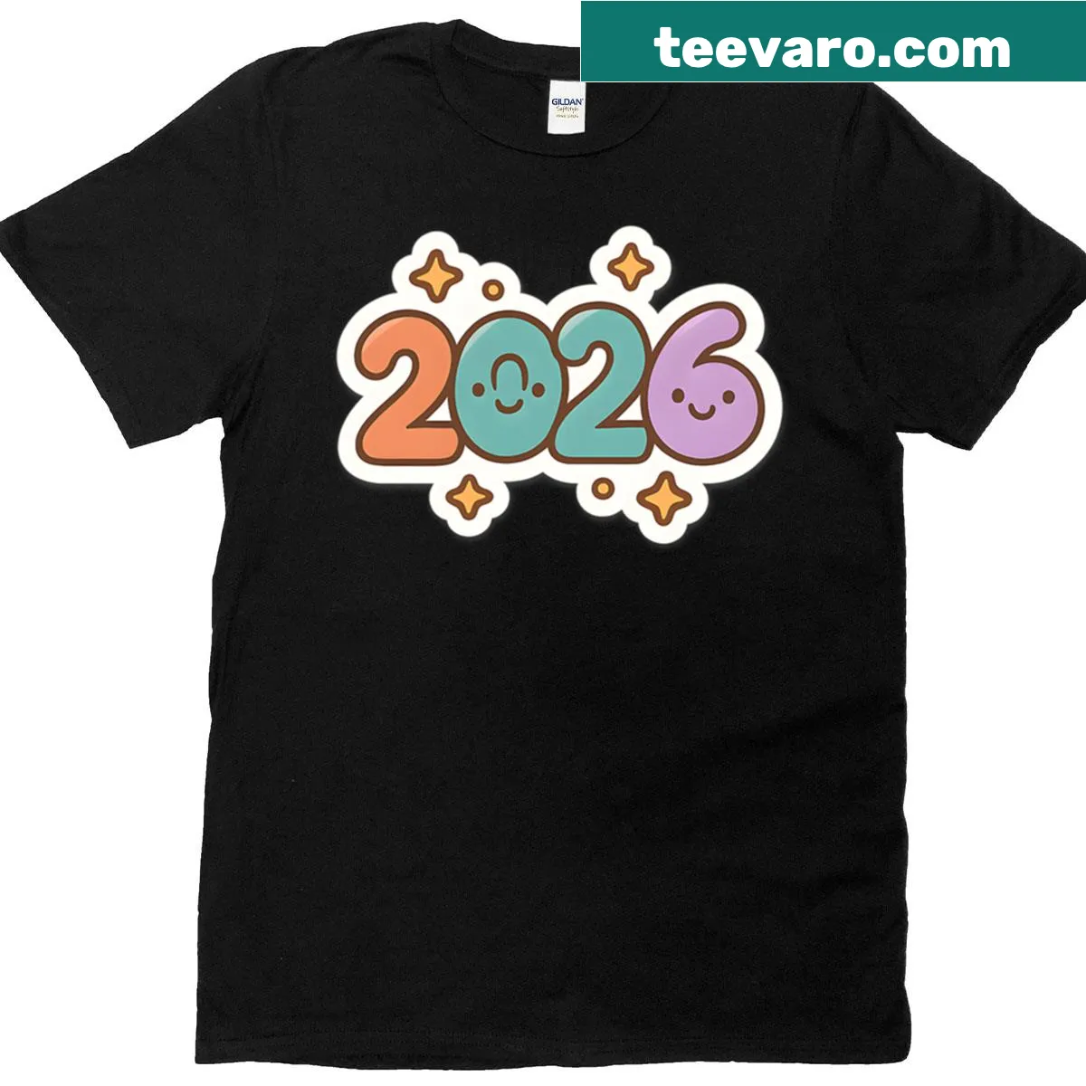 Kawaii-style 2026 number sticker design on a t-shirt. — on a men's t-shirt