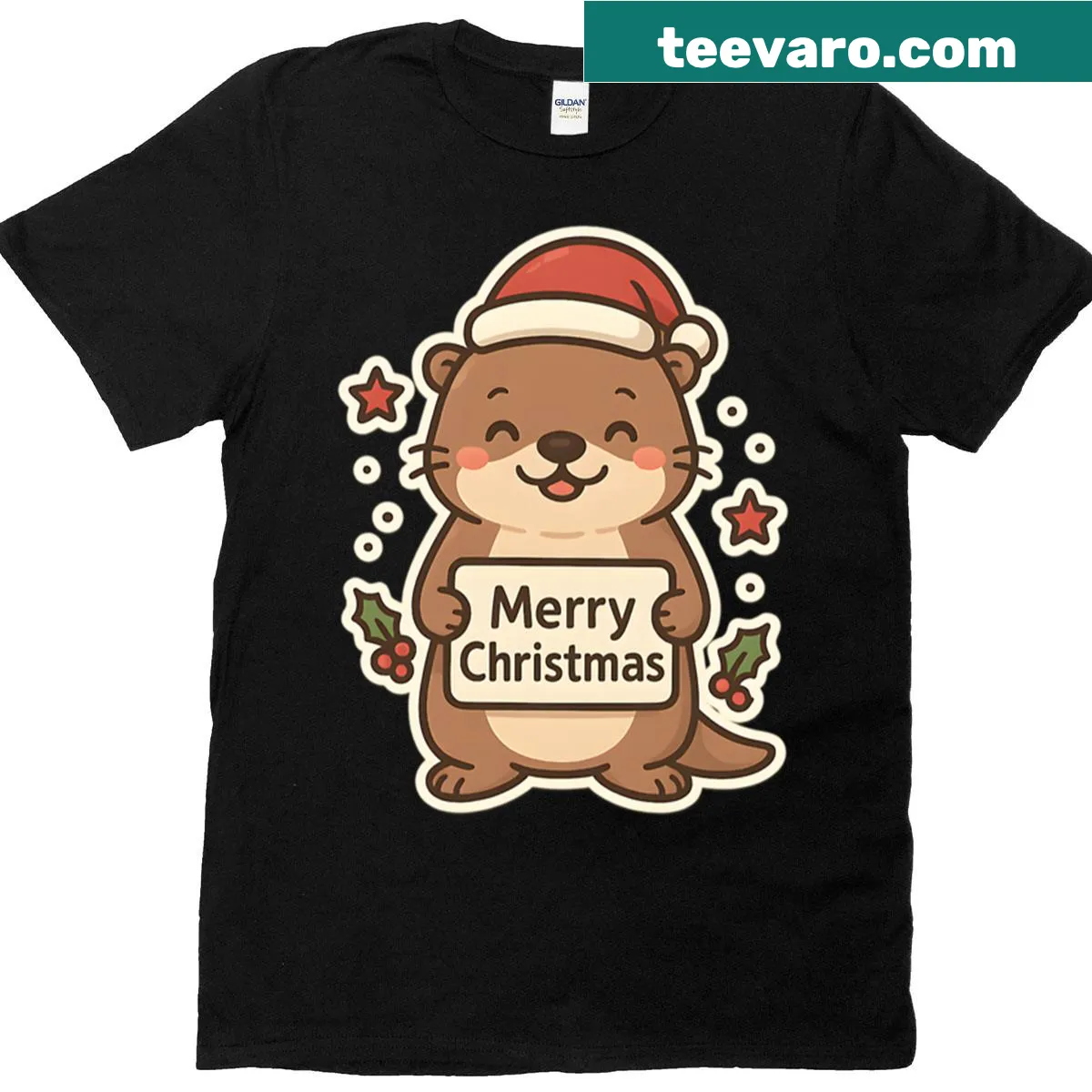 Merry Christmas t-shirt featuring a cute otter design. — on a men's t-shirt