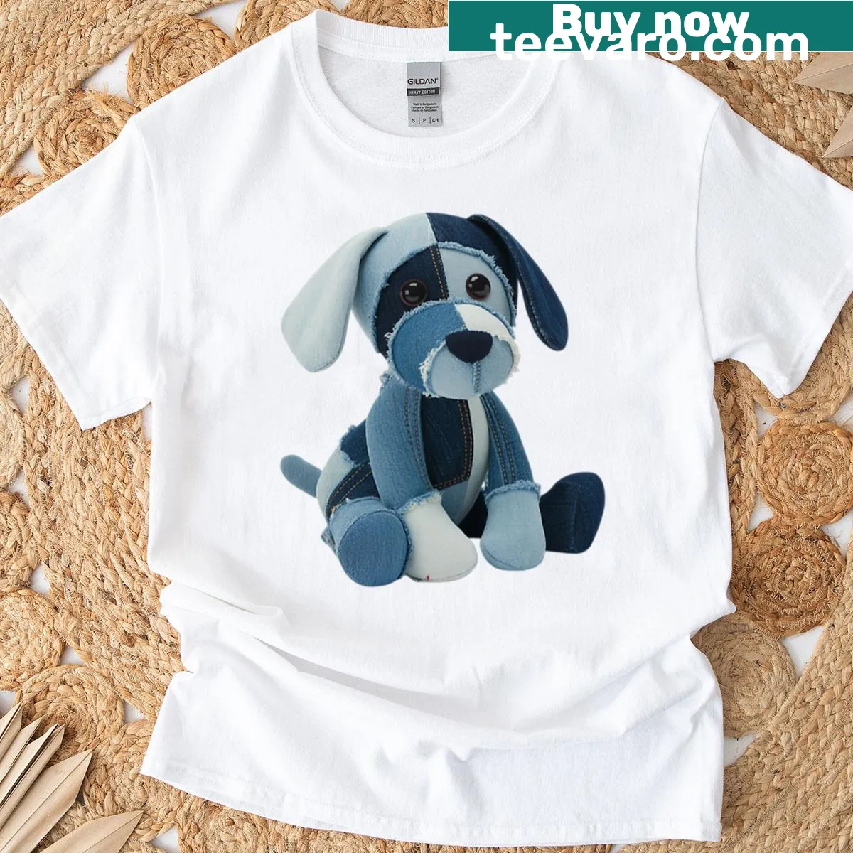 Patchwork design featuring a cute puppy dog illustration — on a men's t-shirt