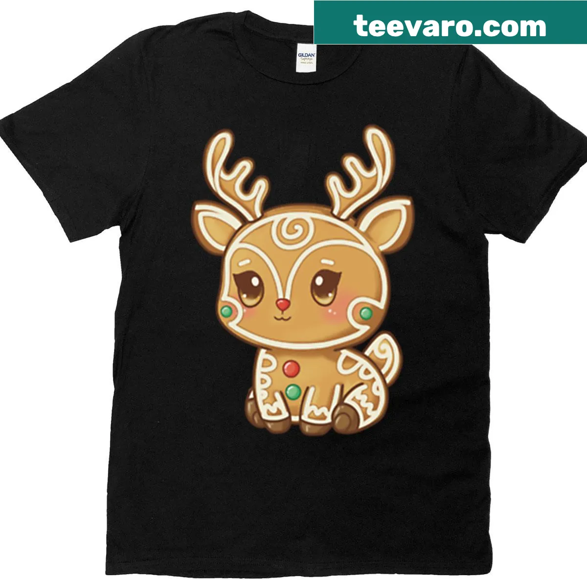 Cute reindeer t-shirt with a smiling character and gingerbread cookie — on a men's t-shirt