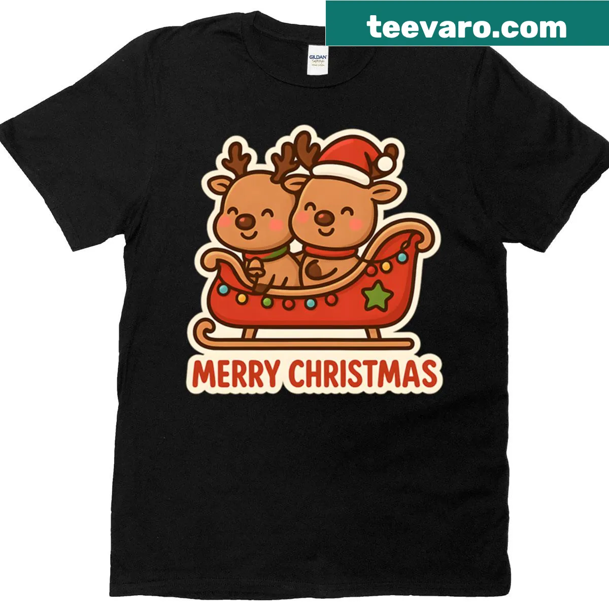 Cute reindeer in sleigh Christmas t-shirt design — on a men's t-shirt