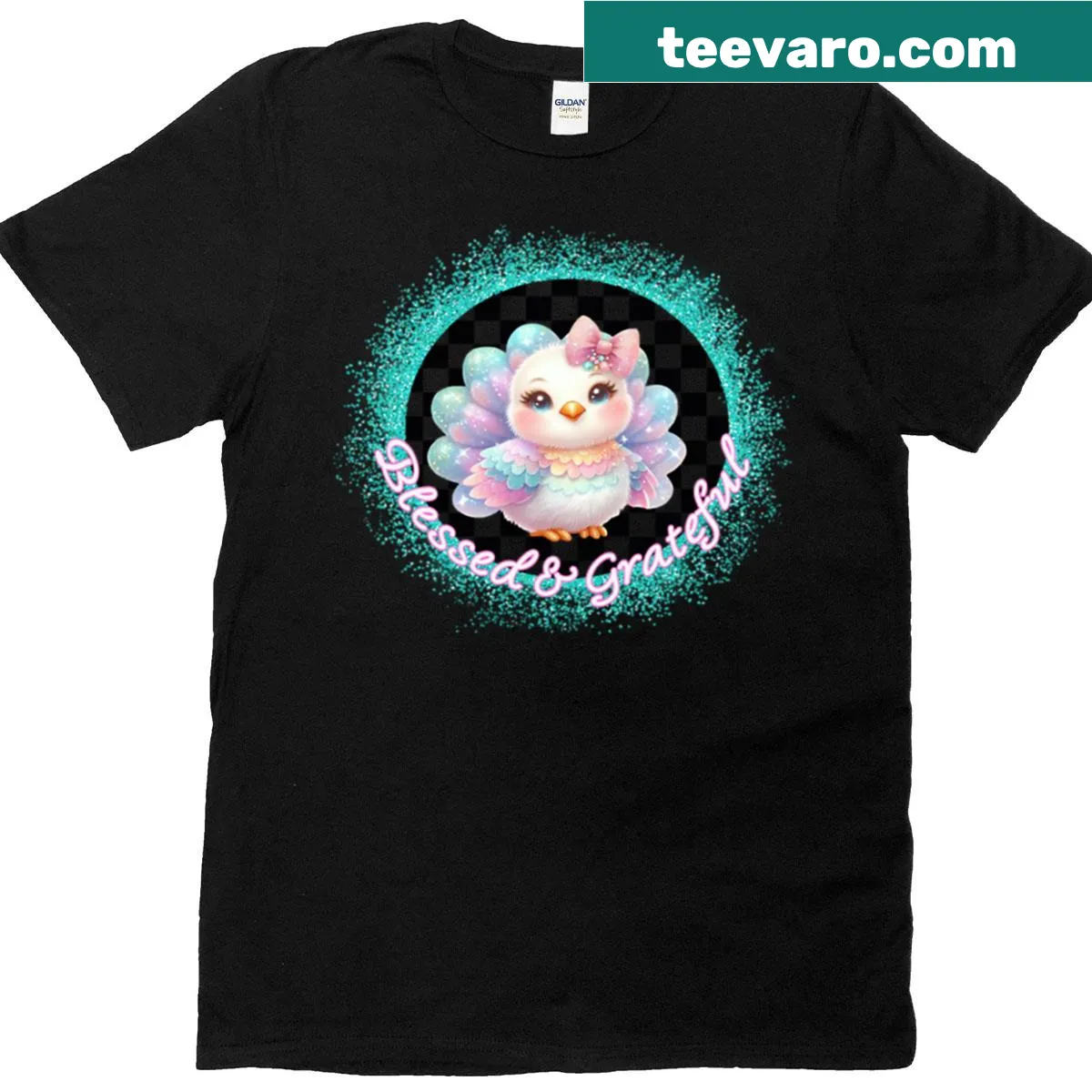 Thanksgiving shirt featuring a cyan glitter bomb turkey design. — on a men's t-shirt