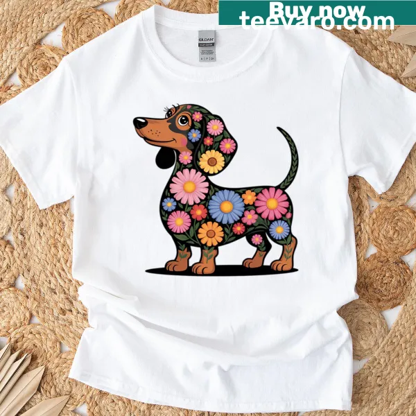 Illustration of a dachshund surrounded by flowers