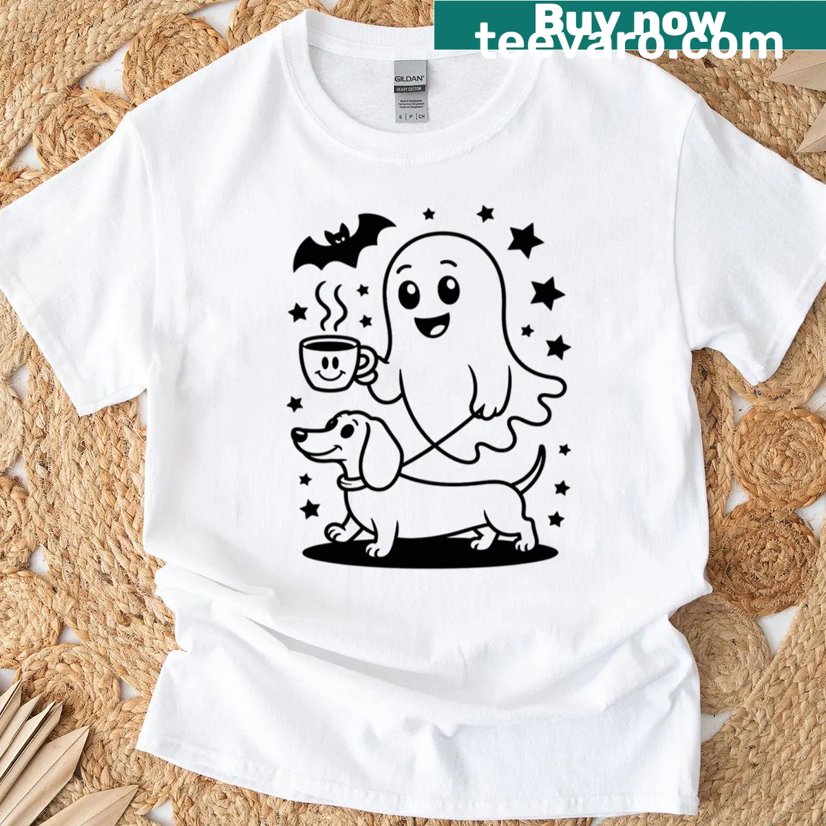 Cute dachshund ghost graphic for Halloween — on a men's t-shirt