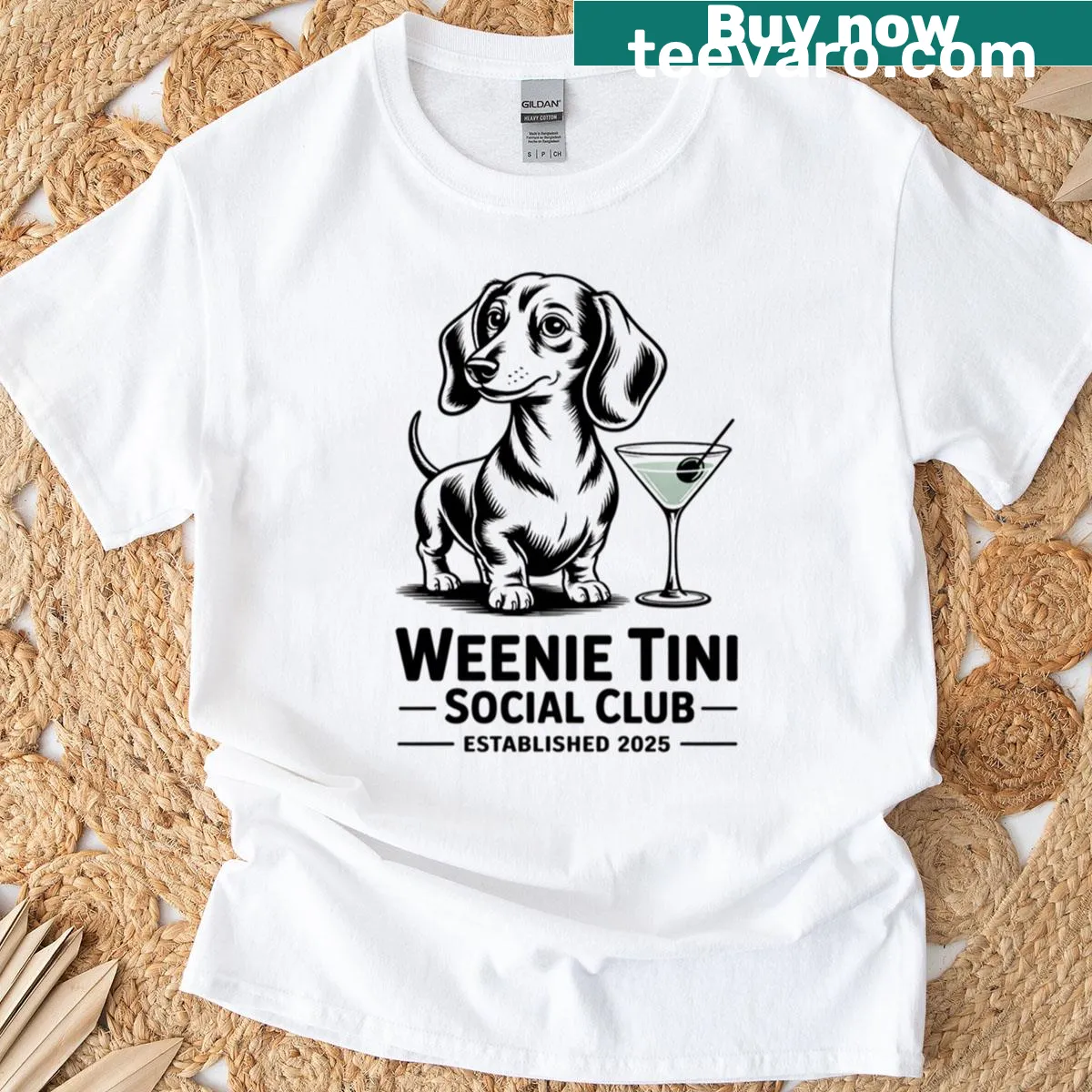Playful dachshund illustration with cocktail glass design for dog lovers — on a men's t-shirt