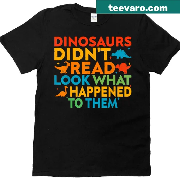 Funny reading teacher t-shirt with a dinosaur theme