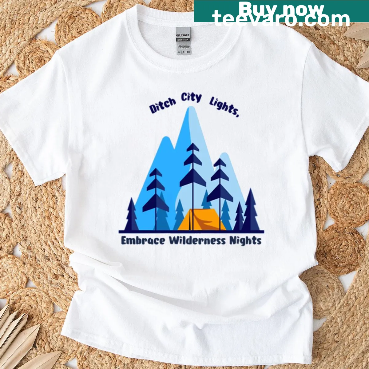 Inspirational t-shirt with the phrase Ditch City Lights Embrace Wilderness Nights — on a men's t-shirt