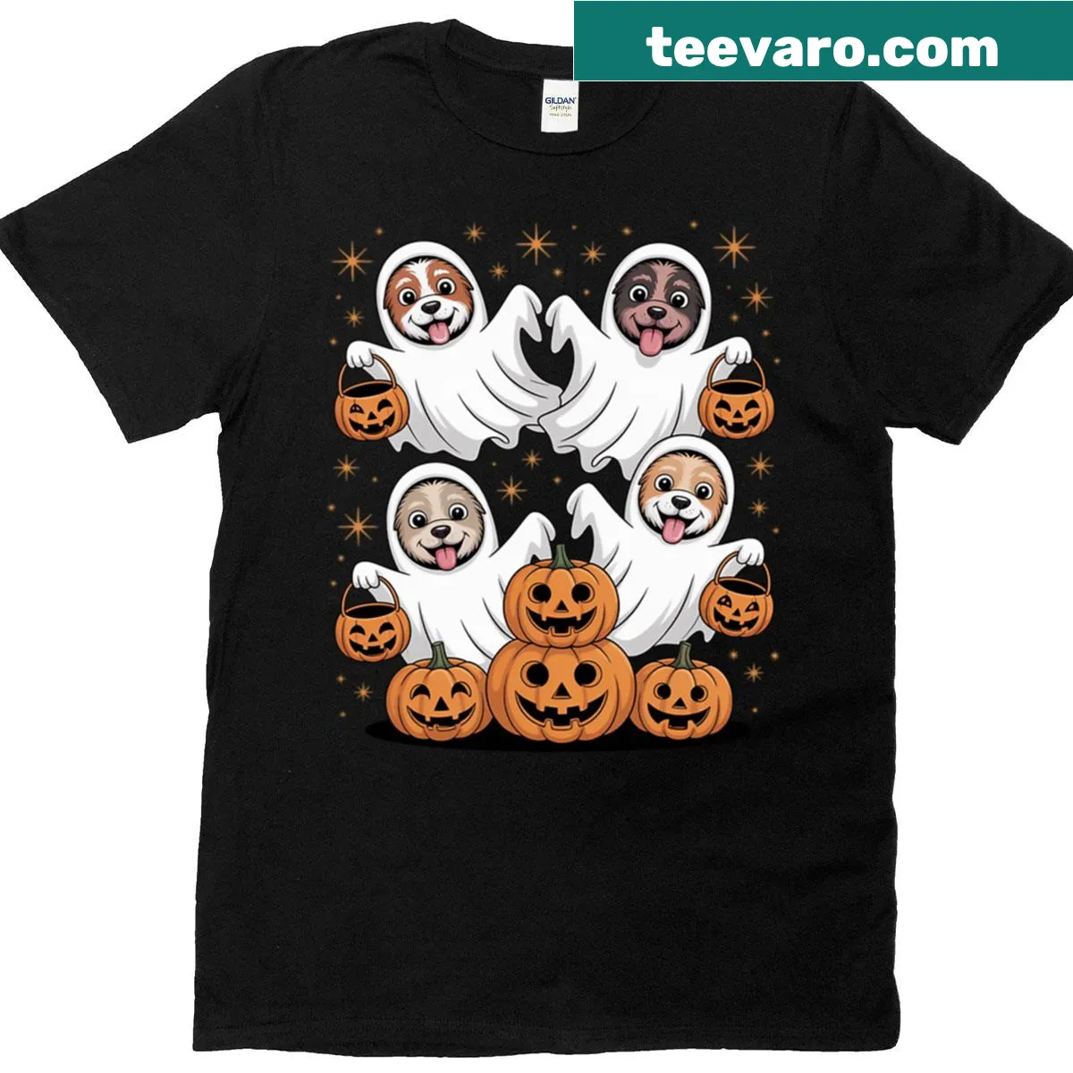 Cartoon dog in a ghost costume for Halloween — on a men's t-shirt