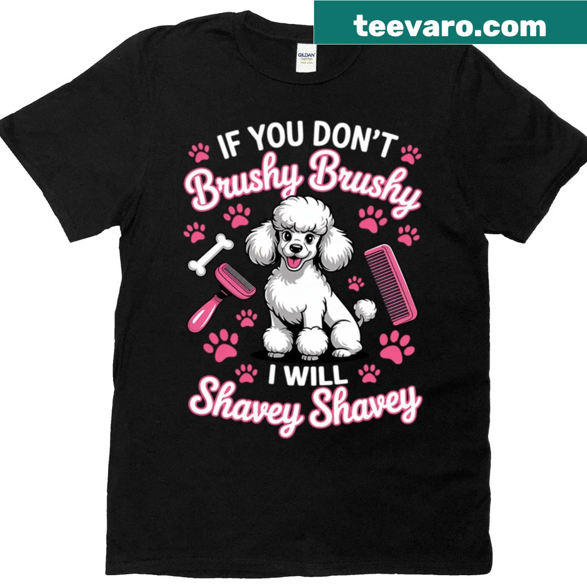 Humorous Dog Grooming T-shirt with playful text about brushing dogs — on a men's t-shirt