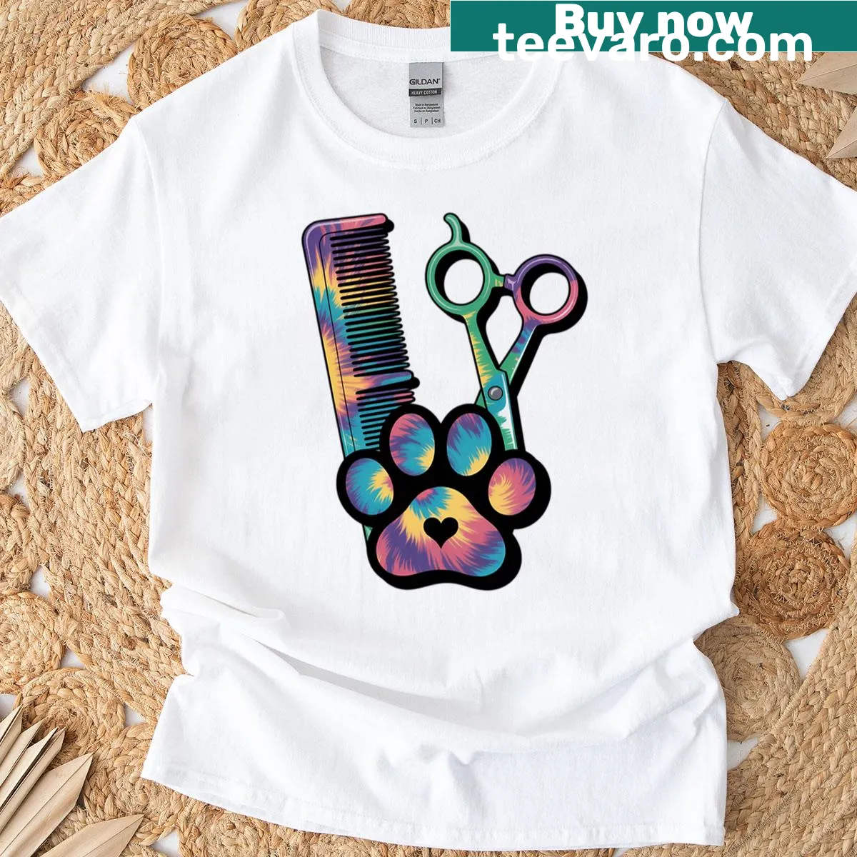 Cute tie dye T-shirt for future dog groomers with playful graphics. — on a men's t-shirt