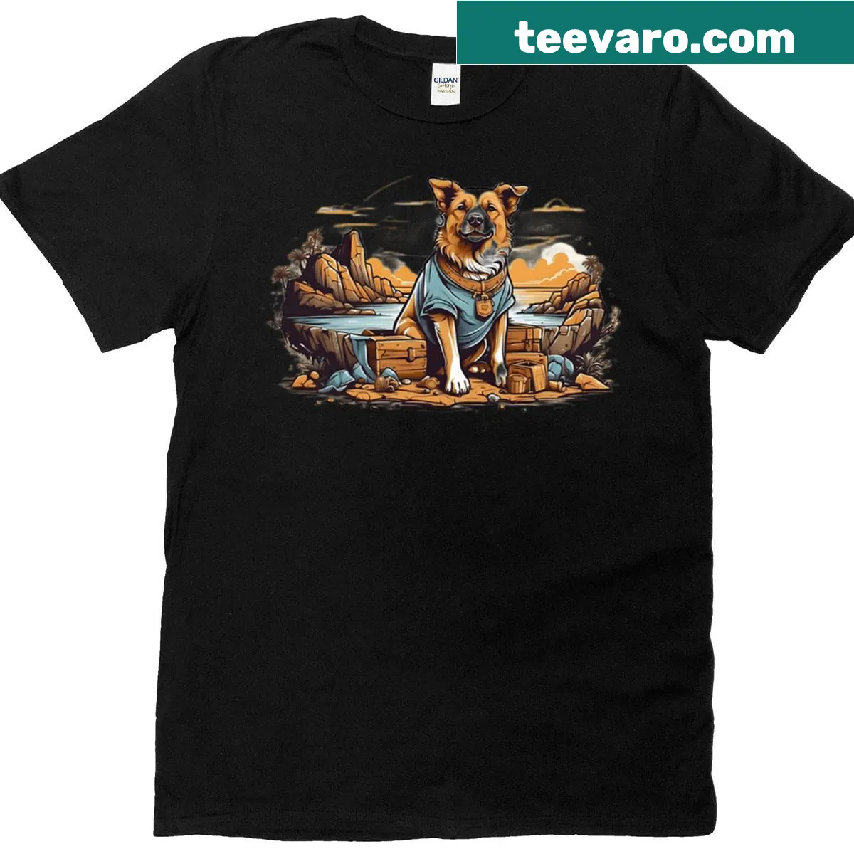 Playful dog with treasure chest graphic t-shirt — on a men's t-shirt