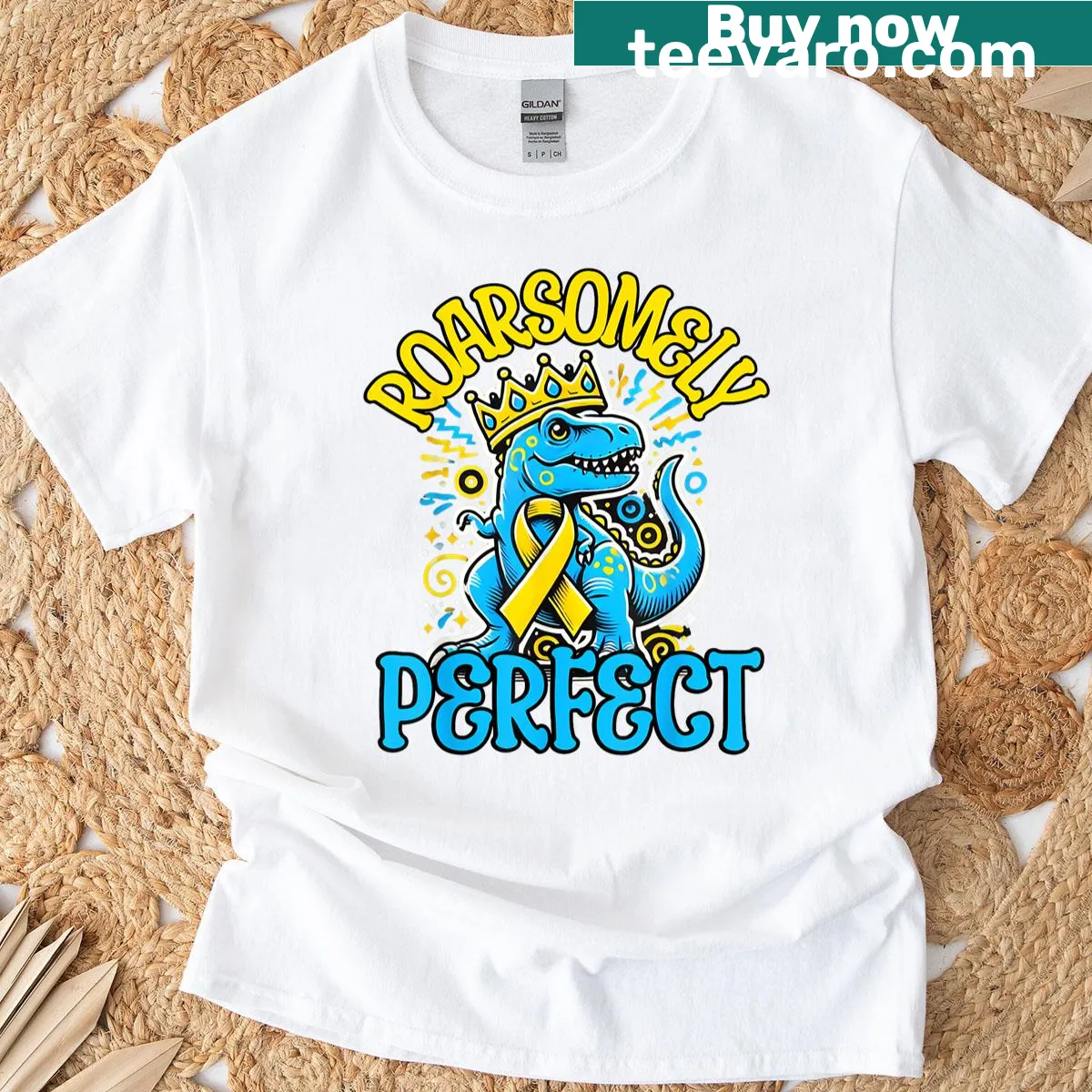 T-shirt with T-Rex design promoting Down Syndrome awareness. — on a men's t-shirt