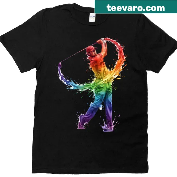 Watercolor T-shirt featuring a golfer in dynamic swing with splatter art
