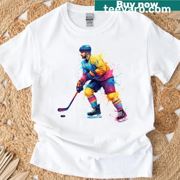 Dynamic splatter art of an ice hockey player on a T-shirt