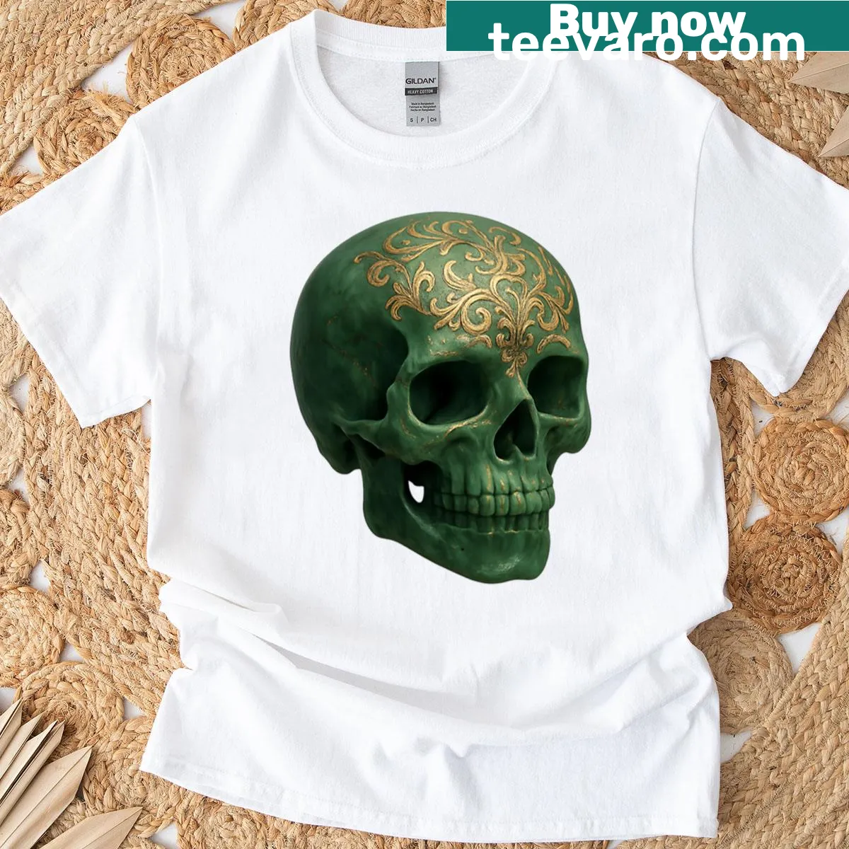 Ebony carved skull graphic T-shirt — on a men's t-shirt