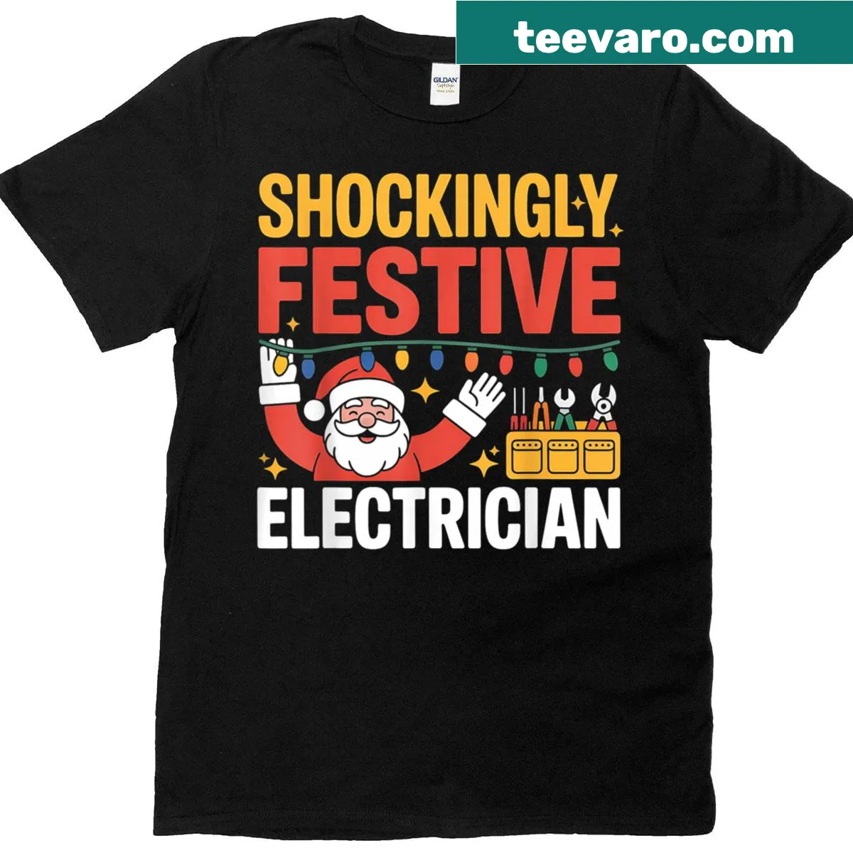 Funny holiday T-shirt with 'Shockingly Festive' text for electricians — on a men's t-shirt
