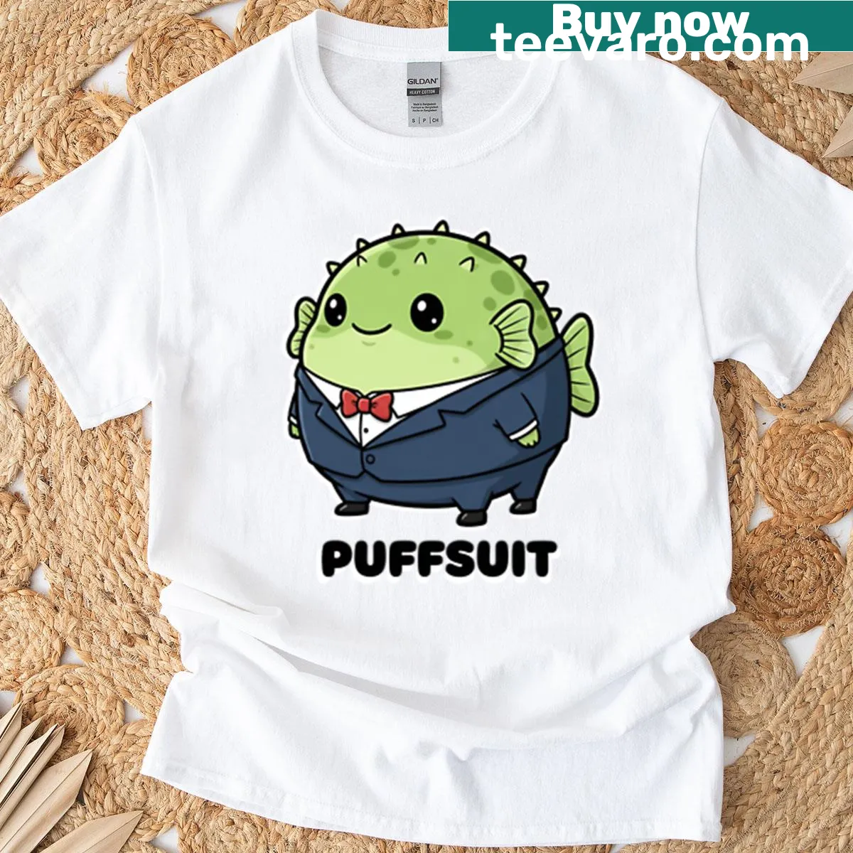 Pufferfish in a suit illustration on a T-shirt — on a men's t-shirt