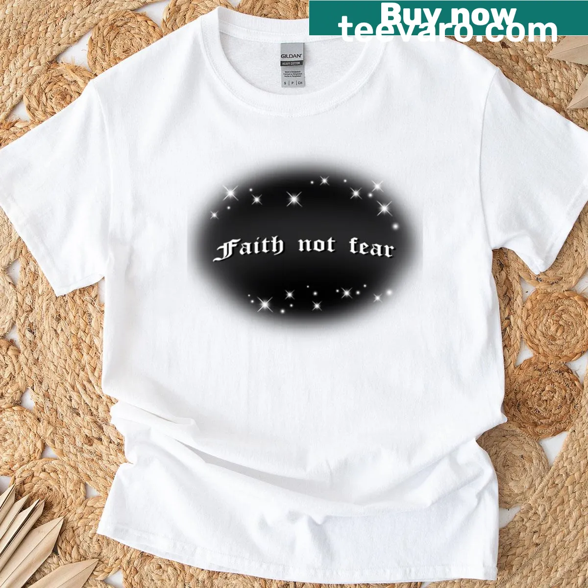 Text design promoting faith over fear on a casual T-shirt — on a men's t-shirt