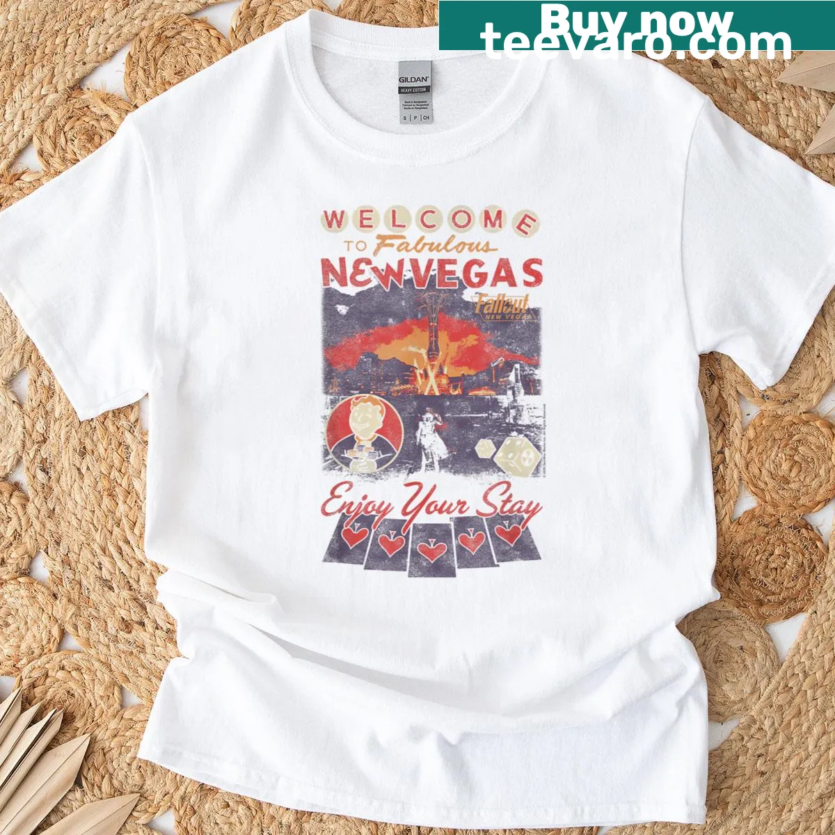 Vintage Fallout New Vegas T-shirt with gaming sign graphic. — on a men's t-shirt