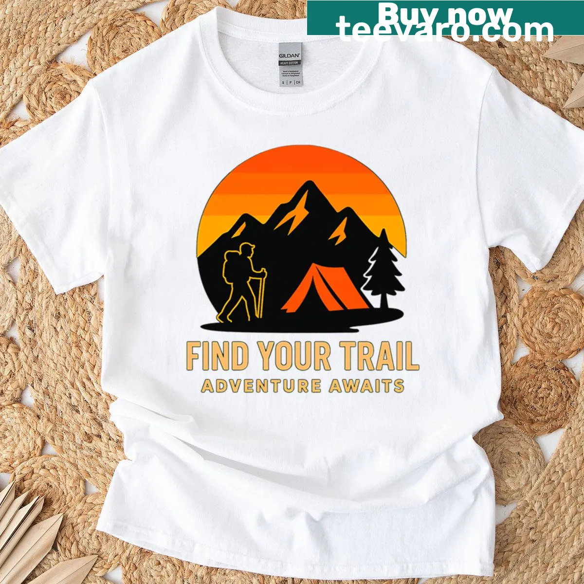 Mountain sunset graphic on hiking T-shirt — on a men's t-shirt