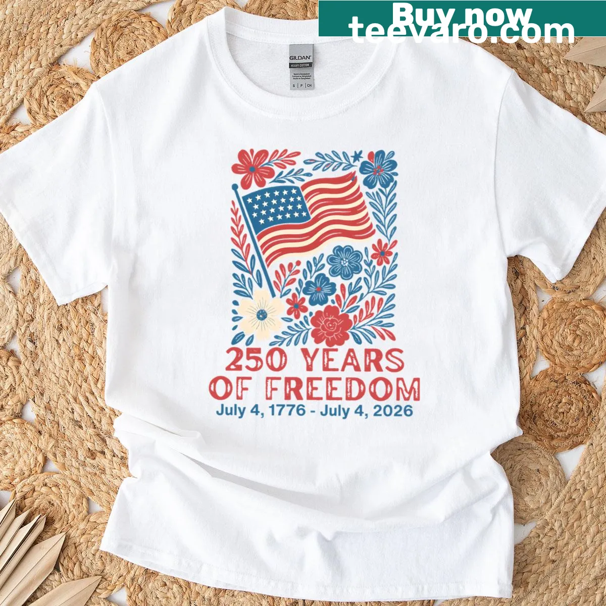 T-shirt featuring a patriotic design with US flag and anniversary dates. — on a men's t-shirt