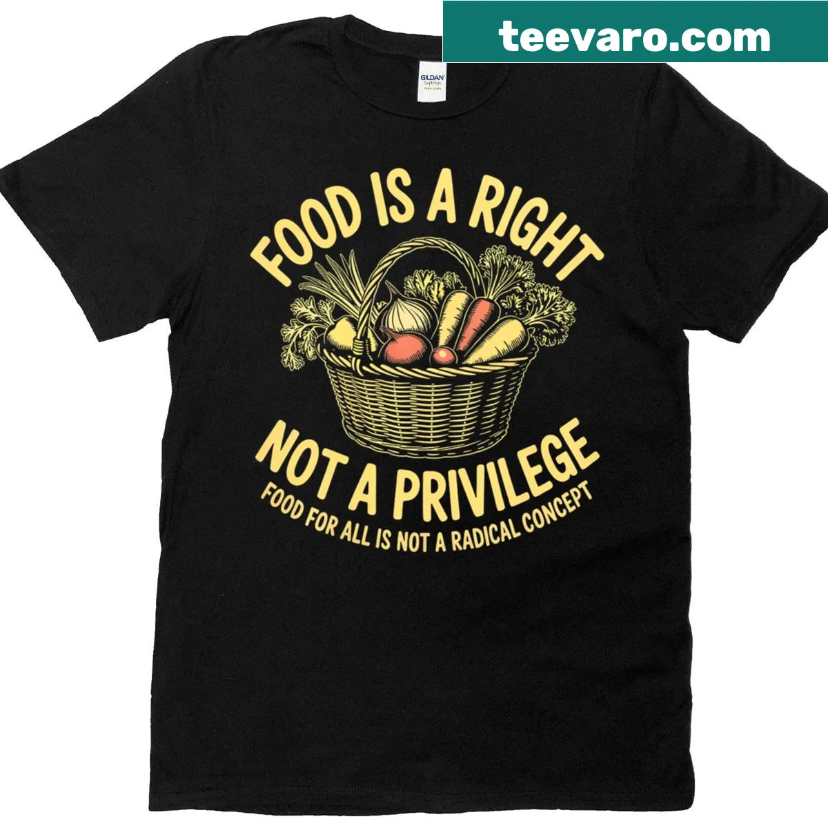 Activist T-shirt with the phrase 'Food Is A Right Not A Privilege.' — on a men's t-shirt