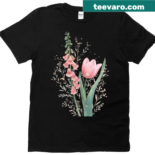 Illustrated T-shirt featuring foxglove and tulip stems