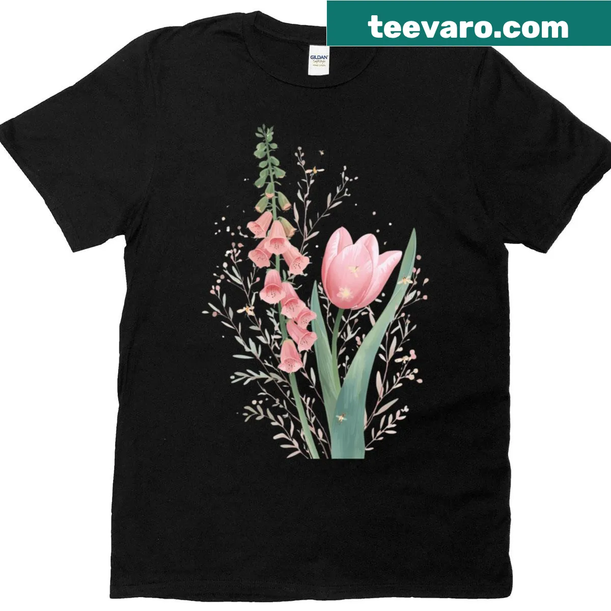 Illustrated T-shirt featuring foxglove and tulip stems — on a men's t-shirt