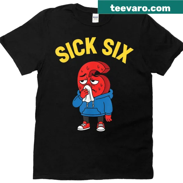 Funny cartoon character t-shirt for kids featuring the number six