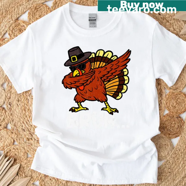 Dabbing turkey graphic on Thanksgiving T-shirt for kids