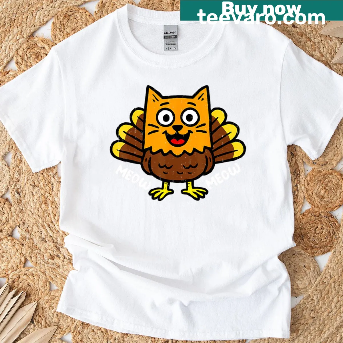 Funny Thanksgiving t-shirt with cat dressed as turkey illustration — on a men's t-shirt