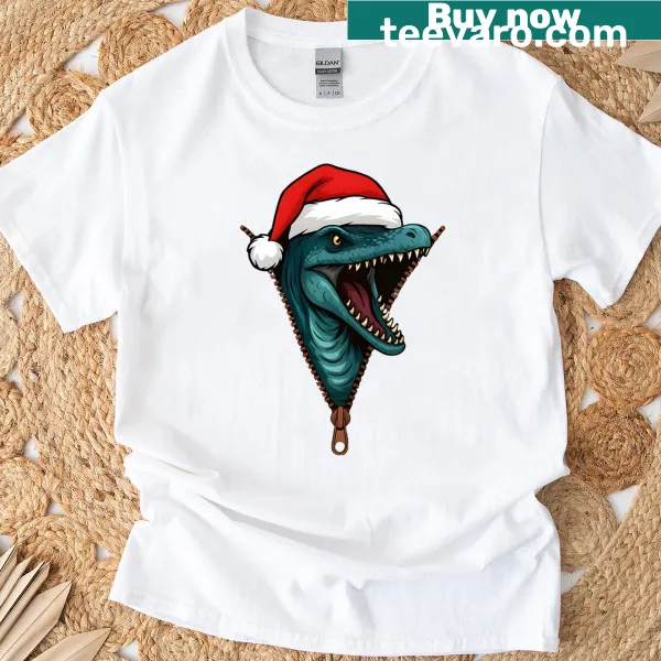 Cartoon Mosasaurus dinosaur T-shirt with Christmas theme