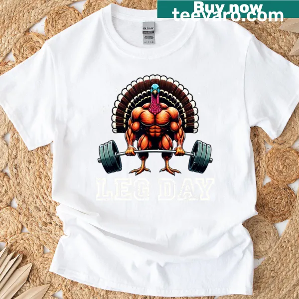 Funny Thanksgiving t-shirt with turkey lifting weights graphic