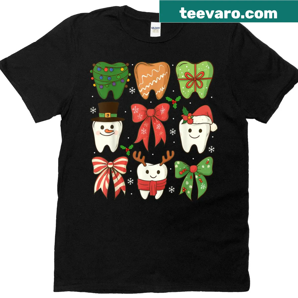 Teeth with a bow for dental hygienists at Christmas — on a men's t-shirt