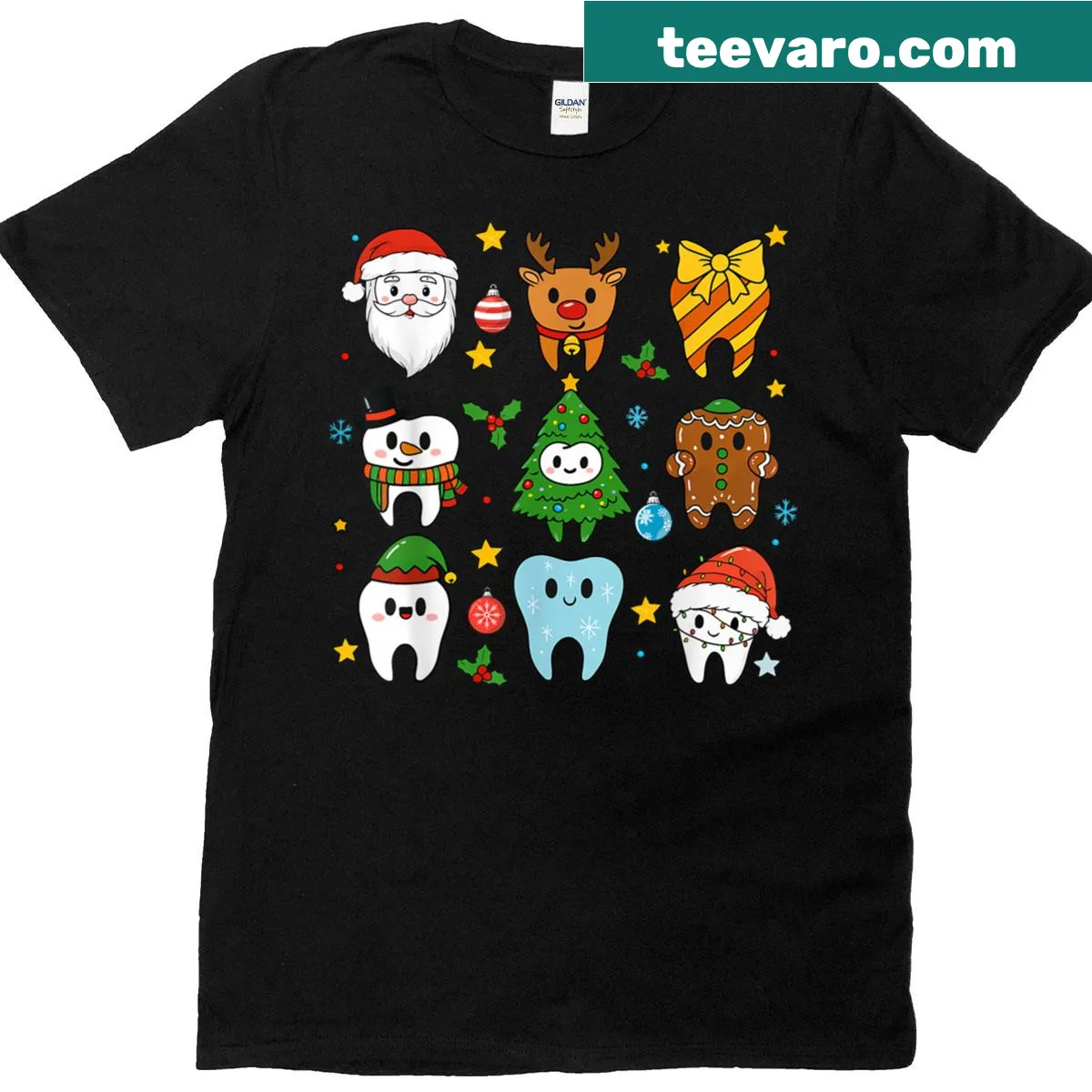 Cartoon Christmas teeth graphic on dental-themed T-shirt — on a men's t-shirt