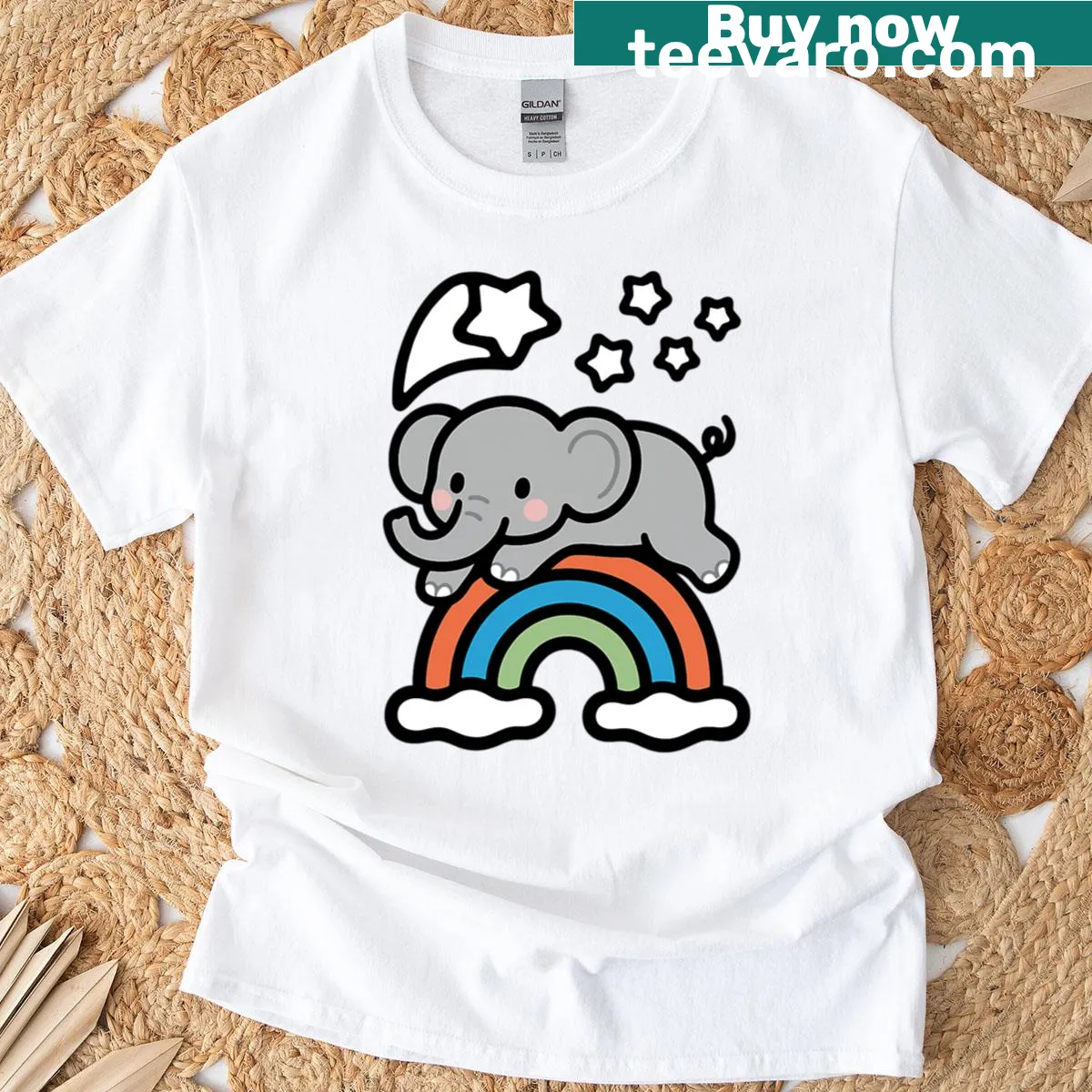 Cartoon elephant design with clouds and stars on a fun T-shirt — on a men's t-shirt