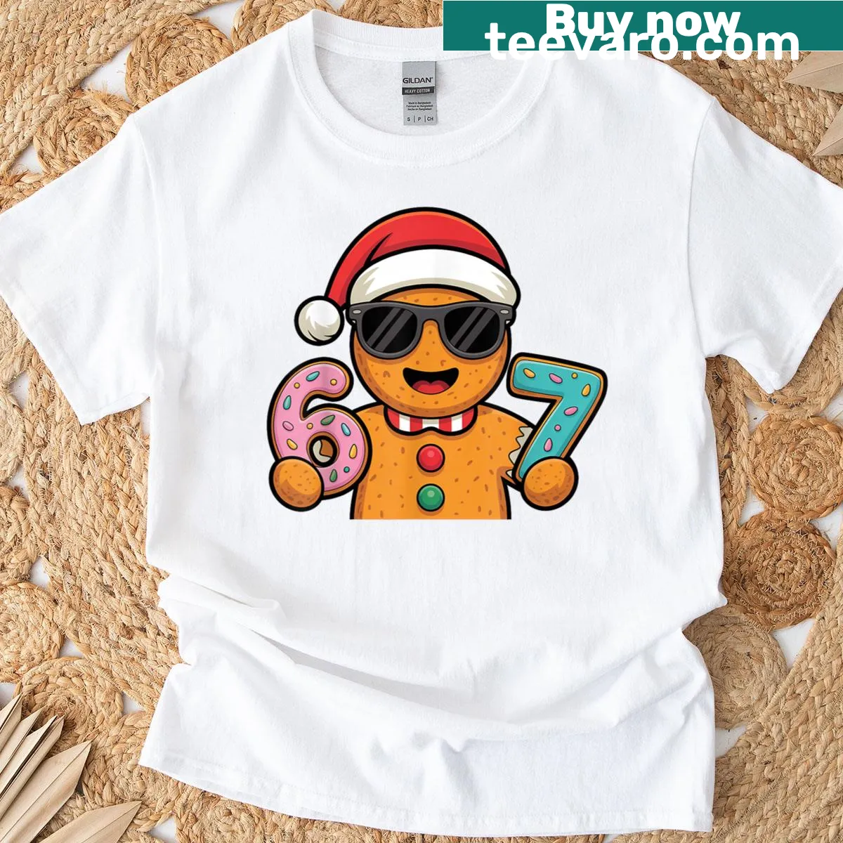 Cartoon gingerbread shirt with ice cream drip and the number 67 — on a men's t-shirt