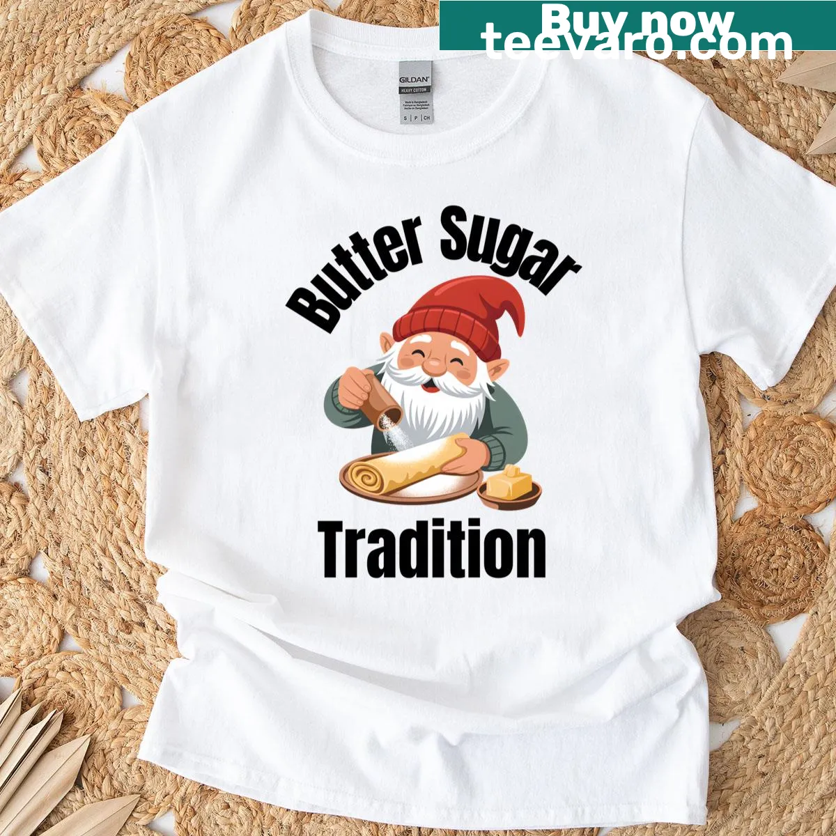 Funny Lefse themed t-shirt featuring butter and sugar graphics — on a men's t-shirt