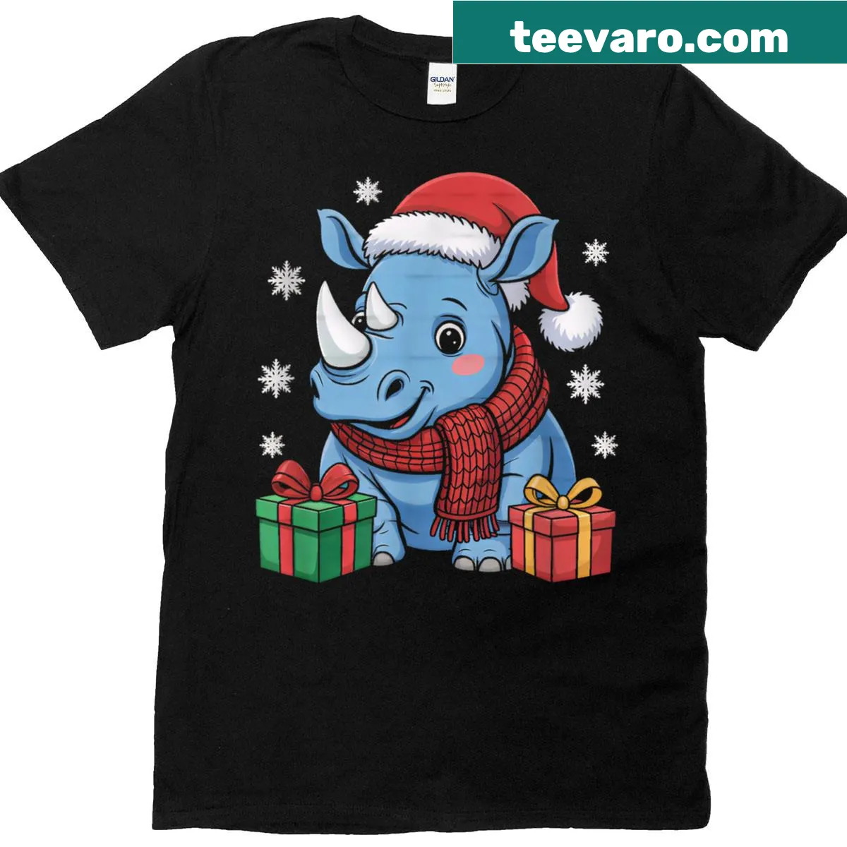 Cartoon rhino in holiday attire for Christmas — on a men's t-shirt