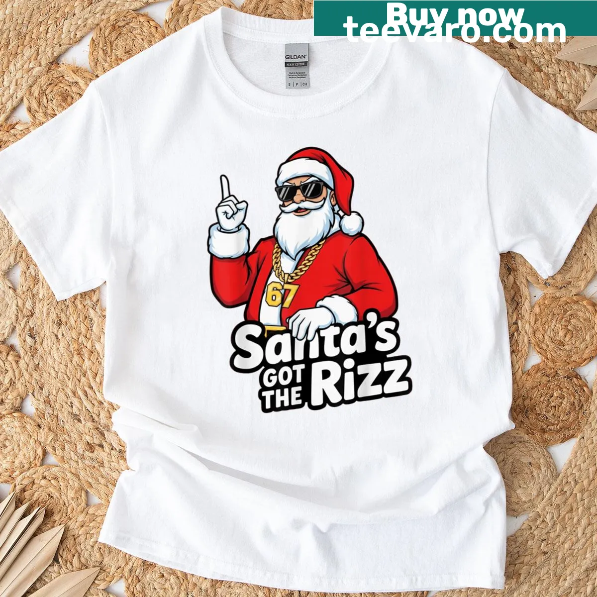 Santa illustration with 'Santa's Got The Rizz' text — on a men's t-shirt