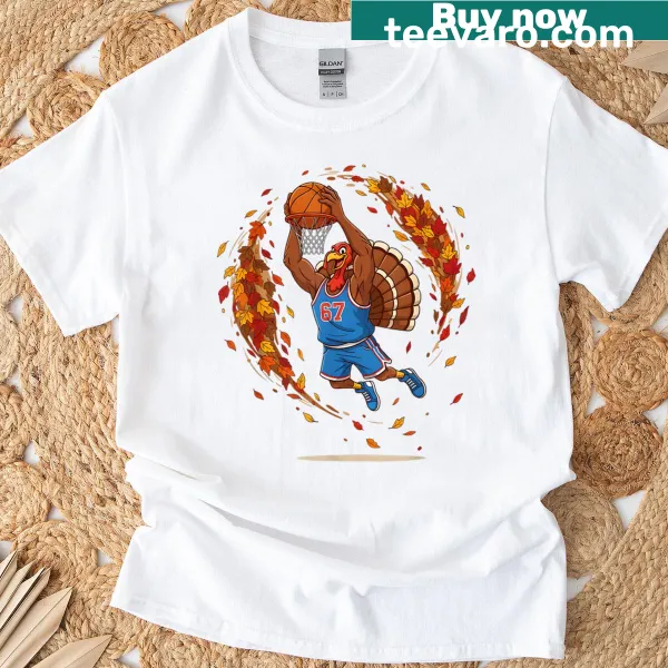 Humorous Thanksgiving basketball T-shirt with turkey design