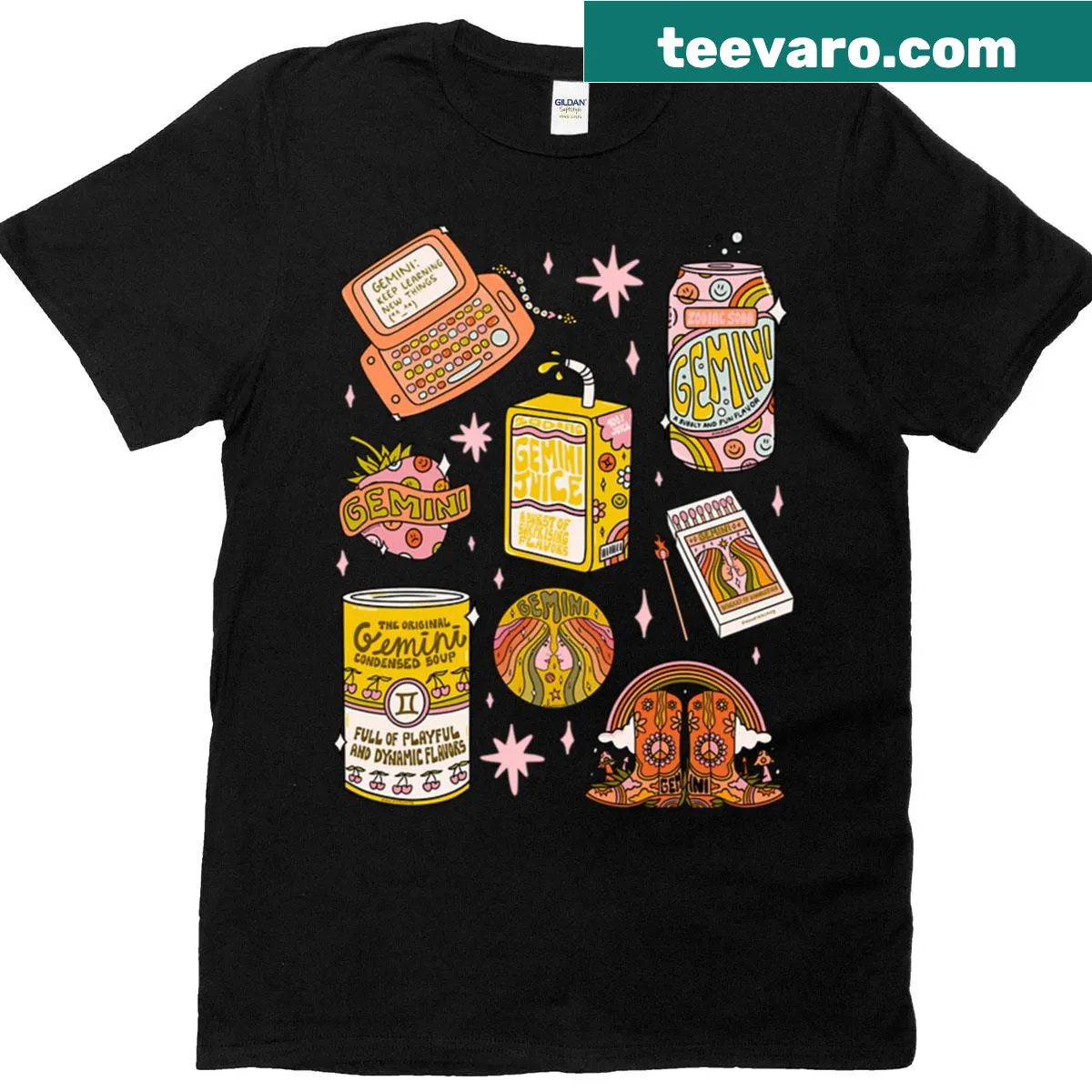 Tattoo flash sheet design representing the Gemini zodiac — on a men's t-shirt