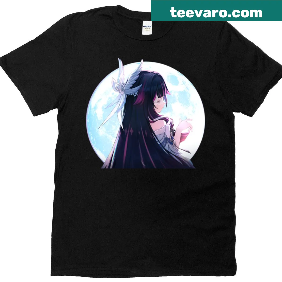 Genshin Impact Columbina character graphic T-shirt — on a men's t-shirt
