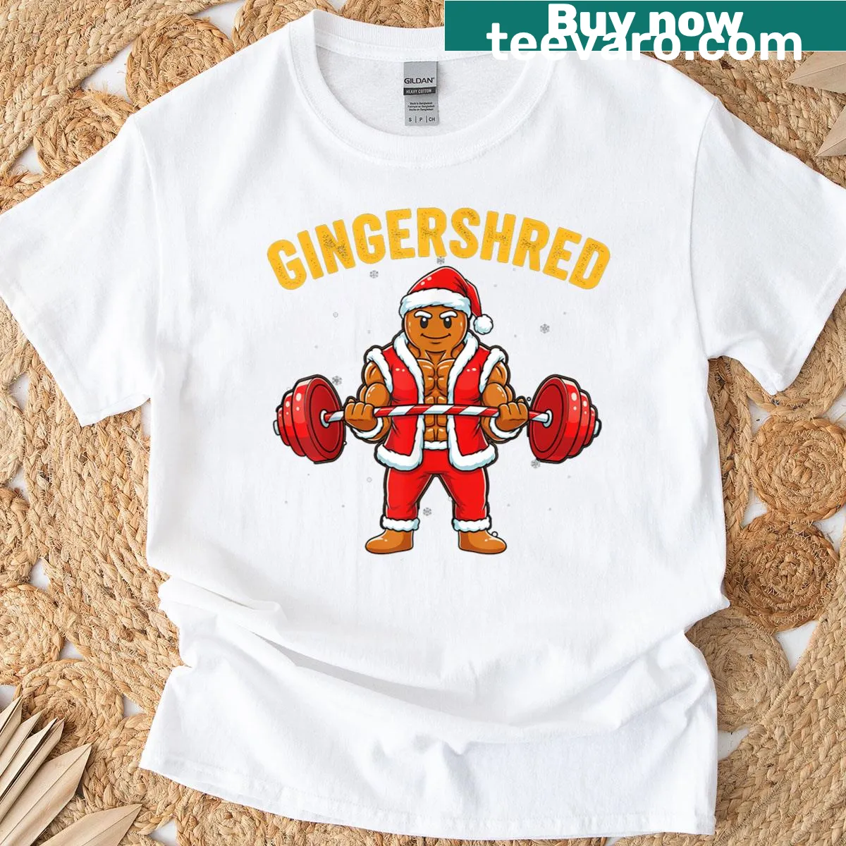 Funny gingerbread man lifting weights design on a Christmas T-shirt — on a men's t-shirt